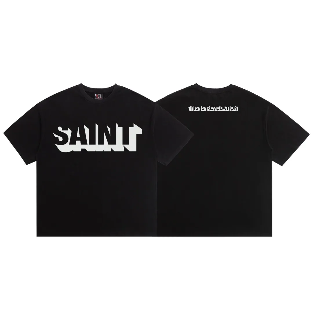 SAINT Michael "Saint letter print" washed and distressed retro Vintage loose short-sleeved T-shirt. Digital white ink direct printing. The fabric is breathable and the pattern is three-dimensional and clear. Fabric: Double yarn 240g Style number: S933 Size: S-M-L-XL Color: Washed black Price: P118